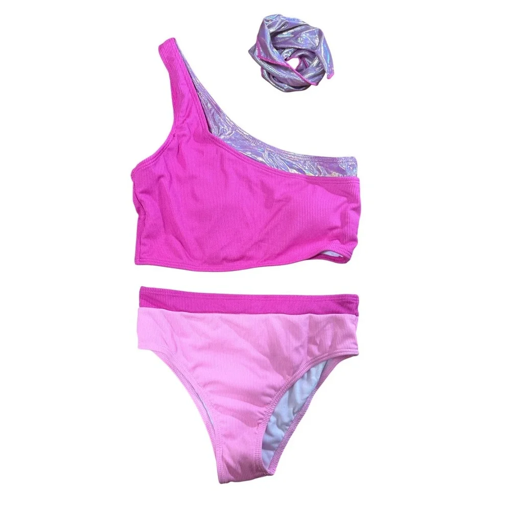 Mirawise Girls Pink Metallic Swimsuit Set w/ Hair Accessory One Shoulder 12-13Y